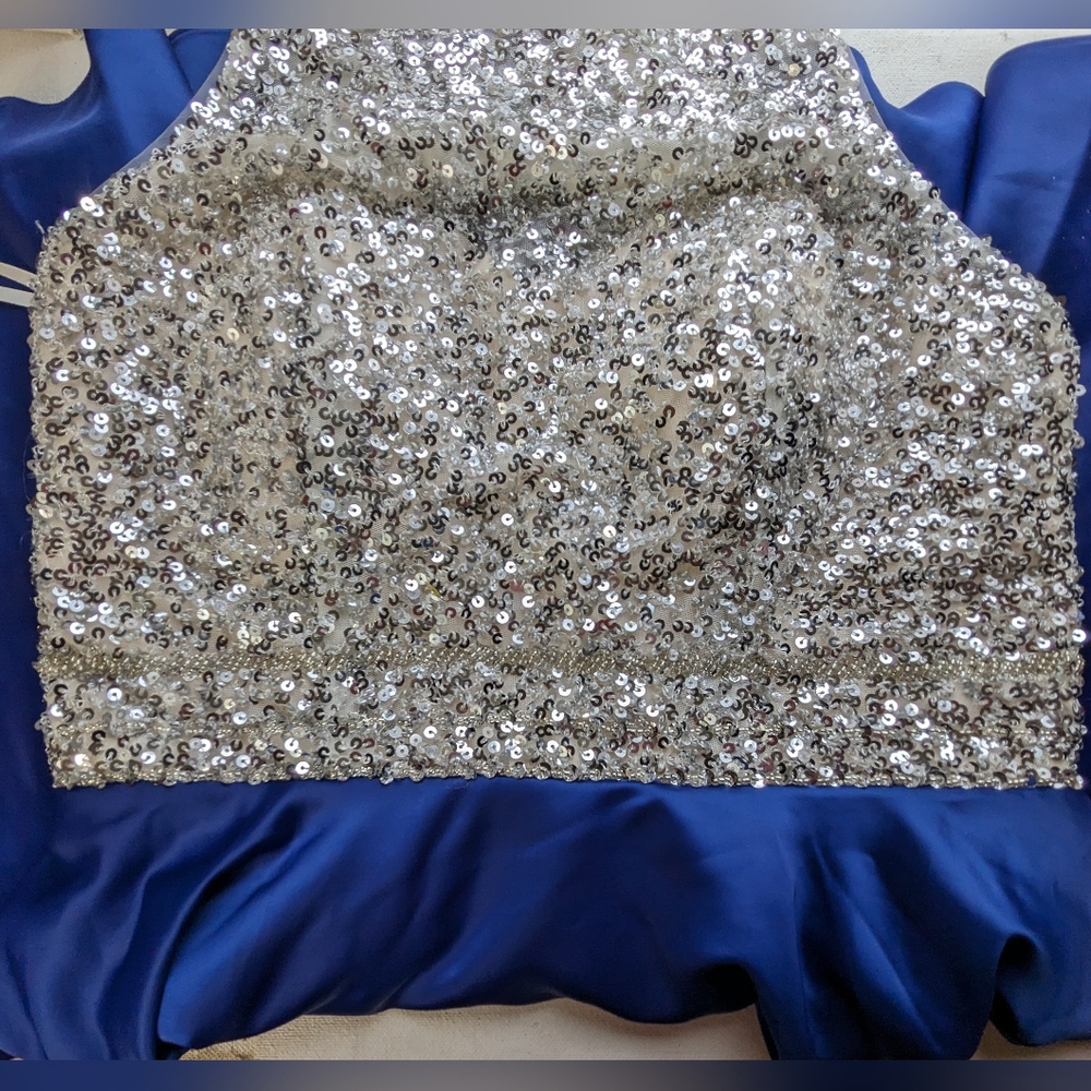 Tangfuti Cocktail Dress size 14 NWT Blue White Sequin Lined A-line Princess V-1 - Picture 7 of 13